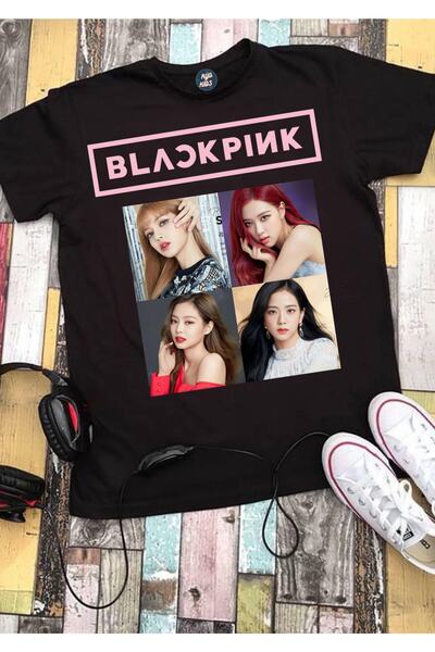 RYO FASHİON Детска тениска BLACK PINK GROUP, щампована, унисекс, черна, с къс...