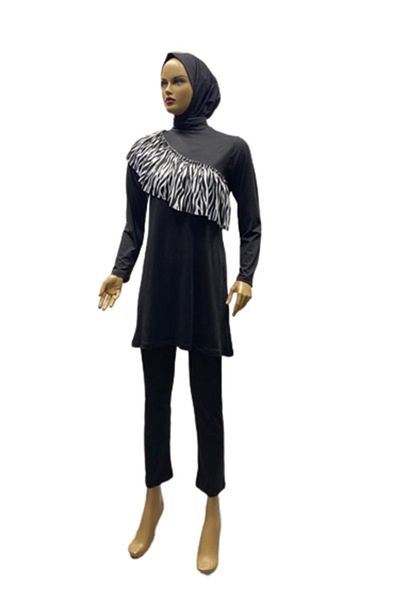 eflin Women's Clothing Black-White Zebra Cross Gathered Full Covered Hijab Swimsuit Large Size