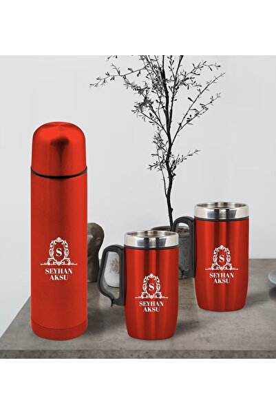 Bk Gift Kişiye Özel Deri Çantalı Kırmızı Seyahat Termosu ve İkili Termos Mug ...