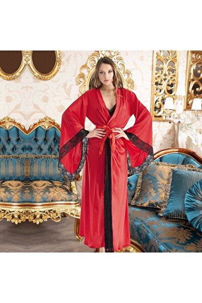 Nathalie Lingerie Set de lenjerie de corp din trei piese din satin roșu pentru femei S-4047