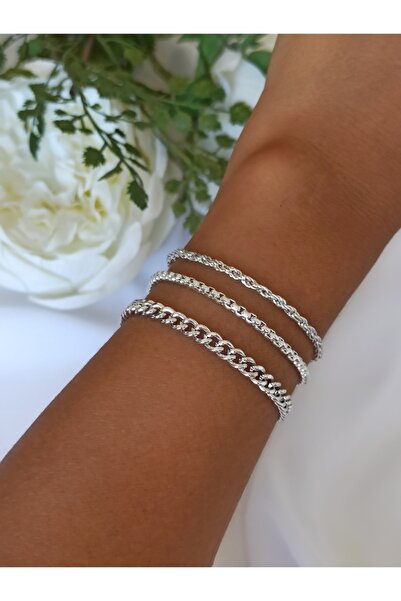 DENİZDENAL Silver Chain Bracelet Set of 3