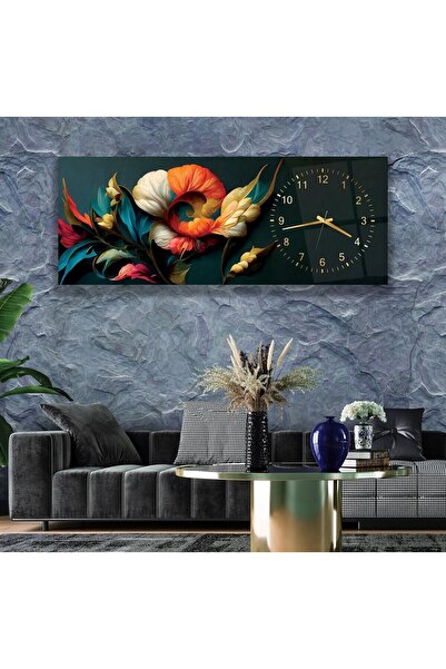 EMYA HOME Saatli 3D Çiçekler Cam Tablo