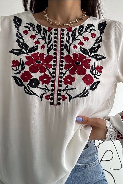 FEMELLE Women's Floral Embroidered Cotton Blouse with Guipure Detail on Wrists