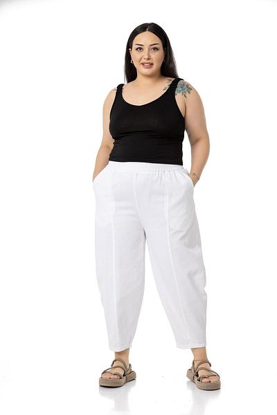 DISENTIS MODEST Plus Size Half Shalwar White Trousers with Elastic Waist