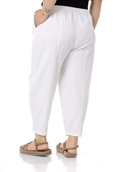 DISENTIS MODEST Pantaloni albi cu jumatate Shalwar de marime plus cu talie elastica