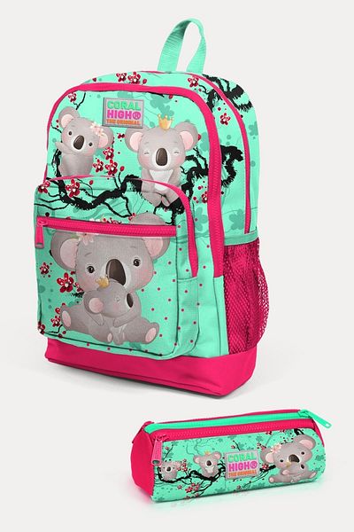 Coral High Set de geanți de școală din 2 bucăți cu model Koala, verde apă, neon SET0223713