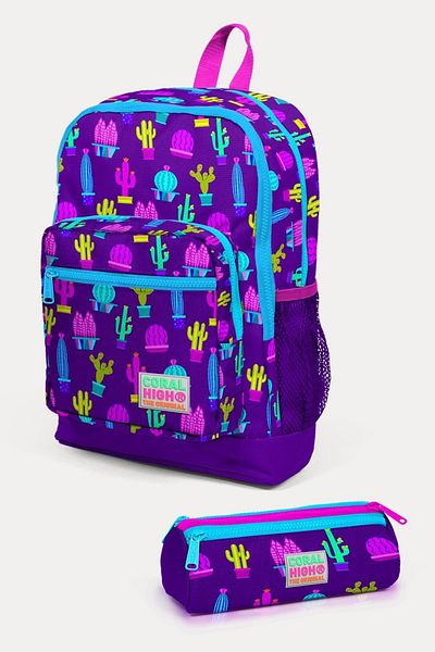 Coral High Set de geanți de școală pentru copii, violet, roz, cu model de cactus, 2 piese SET0223108