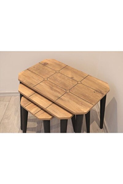 KLT Modüler 3'lü Zigon Sehpa Petek Çizgili Model Çam Rengi