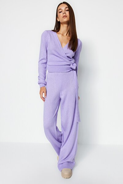 Trendyol Collection Széles szabású Lila Crop duplasoros kötöttáru öltöny - fűzős részletekkel TWOAW24AU00016