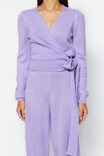 Trendyol Collection Széles szabású Lila Crop duplasoros kötöttáru öltöny - fűzős részletekkel TWOAW24AU00016