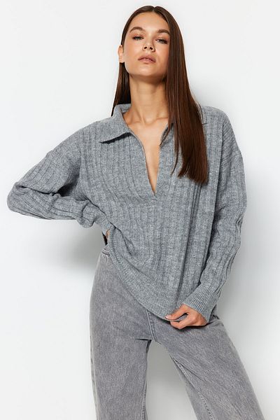 Trendyol Collection Gray Soft Textured Polo Collar Knitwear Sweater TWOAW24KZ00678