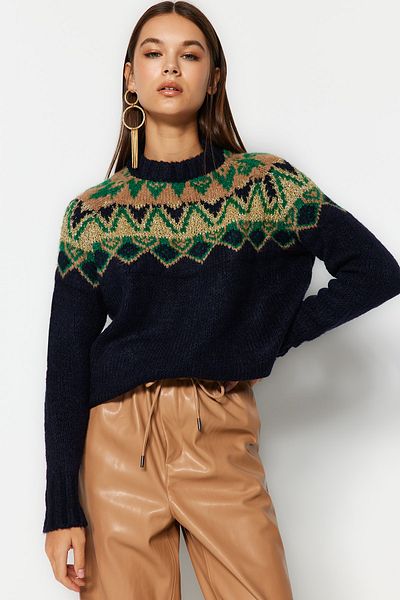 Trendyol Collection Dunkelmarinefarbener Oversize-Strickpullover mit Weihnachtsmuster und Glitzer TWOAW23KZ01580