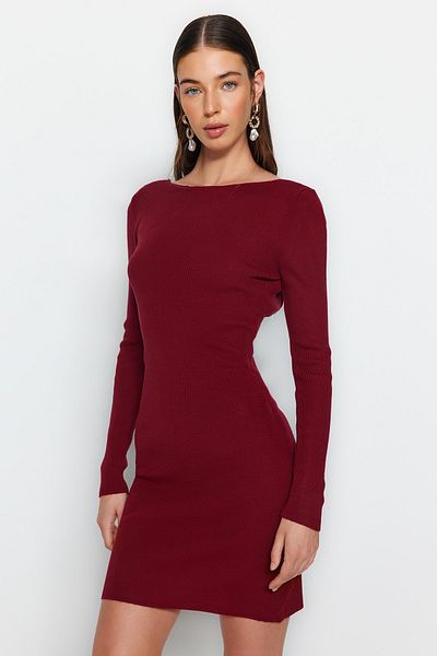 Trendyol Collection Rochie tricotată mini roșie Claret cu detaliu la spate TWOAW24EL00089