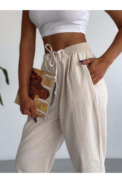 gozdefashion Women's Linen Trousers with Elastic Waist Detail