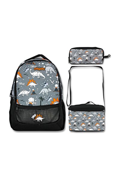 Famebag -Umit Bag Black Gray Dinosaur School Bag Lunch and Pencil Bag Set