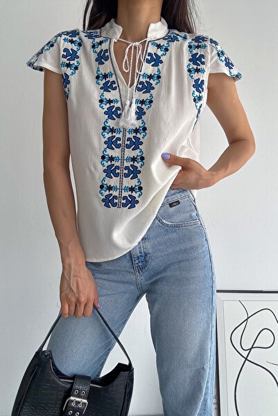 FEMELLE Women's New Season Tie Collar Embroidery Cotton Blouse