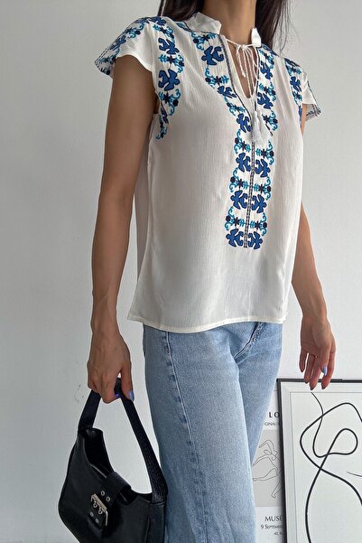 FEMELLE Women's New Season Tie Collar Embroidery Cotton Blouse