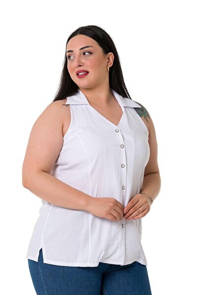 DISENTIS MODEST Plus Size Halter Collar Sleeveless White Shirt