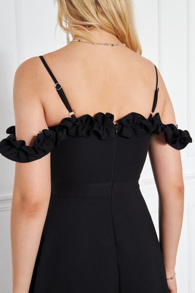 lovebox Atlas Fabric Nastavitelný popruh Volán Detailní límec Skládaný Maxi Černé večerní šaty 421