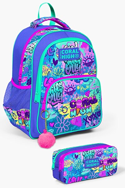 Coral High طقم حقائب مدرسية من قطعتين بنقش جرافيتي باللون الأخضر المائي للأطف...