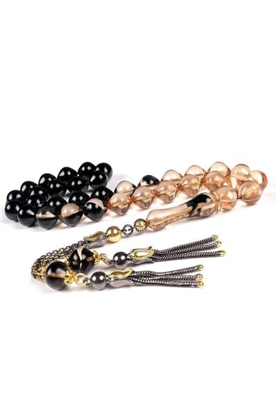 TESBİHCİBABA Premium Series Silver Whips Smoked Squeezing Amber Prayer Beads, Gift Rosary