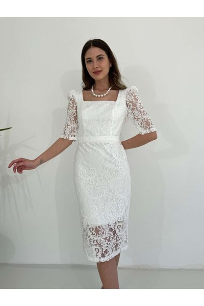 Elif Özbey Butik White Lace Pearl Necklace Evening Dress
