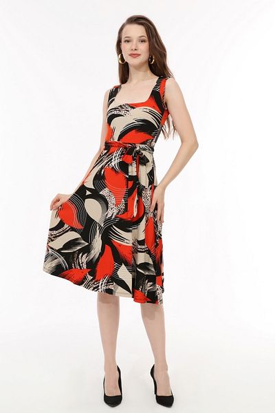 THEGEST Women's Colorful Patterned Square Neck Belted Viscose Dress DY-00-1571
