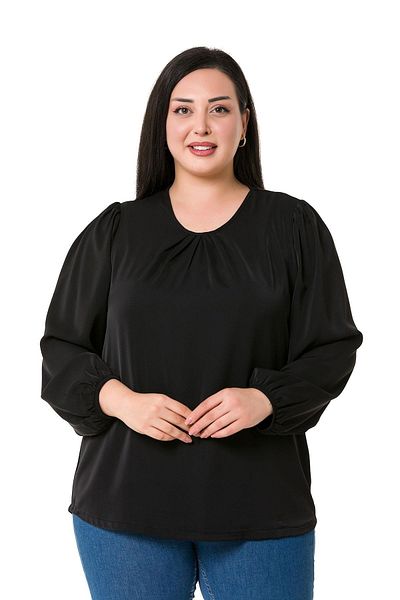 DISENTIS MODEST Plus Size Sleeve Elastic Collar Pleated Black Blouse