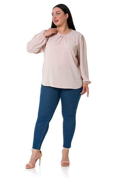 DISENTIS MODEST Plus Size Sleeve Elastic Collar Pleated Powder Blouse
