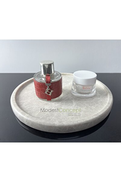 Modestmar Doğal Bej Mermer Yuvarlak Tepsi Spider Beige, Damarlı Bej Mermer, Desenli Mermer