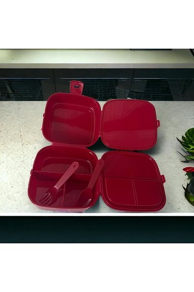 ARALMİNİAVM 2 Tiers 4 Compartments Red Premium Kiddy Lunch Box - 3-1 Lunch Box - Food Storage Container