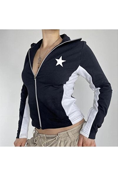 Gofeel Star Baskılı Vintage Fermuarlı Siyah Crop Top