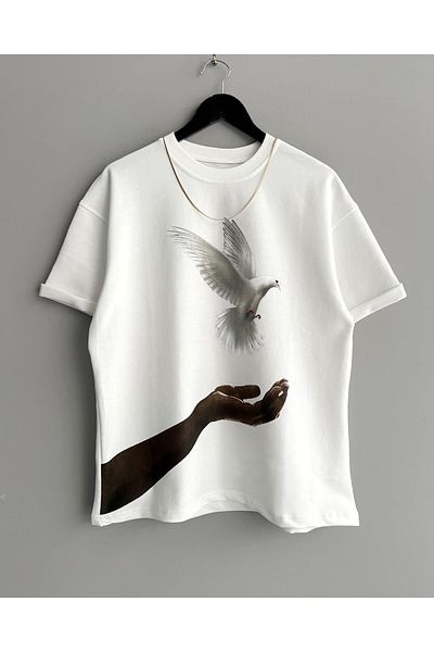 Machetta Plus Size Pigeon Printed Oversize Crew Neck Cotton T-shirt