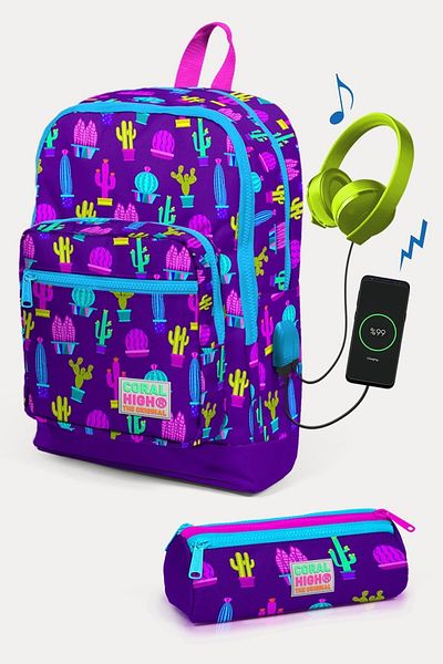 Coral High Set de geanți de școală pentru copii, violet, roz, cu model de cactus, 2 piese, cu USB0223273