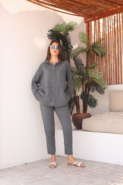 Laluvia Füstölt nyers vászon ing nadrág női szett