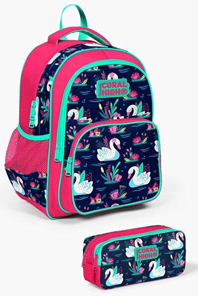 Coral High طقم حقائب مدرسية مكونة من قطعتين بتصميم بجعة باللون الأزرق الداكن ...
