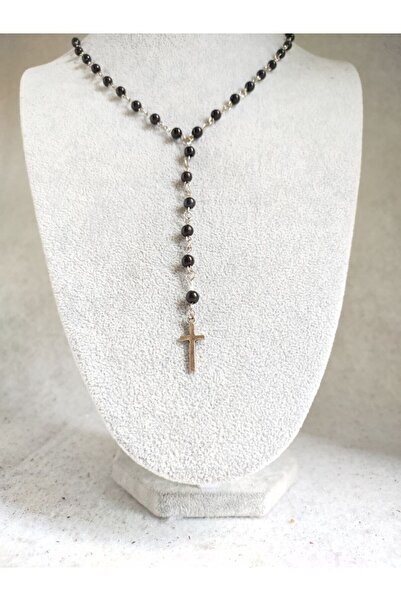 Fugusugu Siyah Boncuk Thin Cross Gothic Kolye