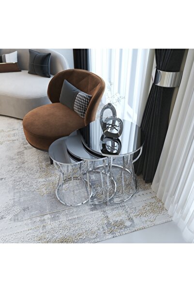 Puklife C Kum Saati 3'lü Zigon Sehpa Takımı Gümüş Ayak - Füme Ayna