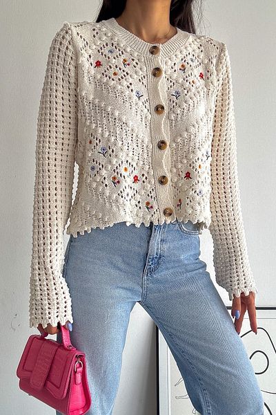 FEMELLE Cardigan de damă, brodat cu nasturi, mărime standard, tricotaj ajurat