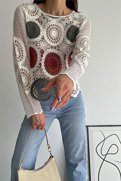 FEMELLE Women's White Crochet Standard Size Lace Blouse