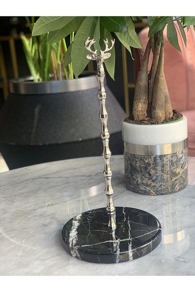 mar&more Black Marble Towel Holder with Deer Figure - Silver Color