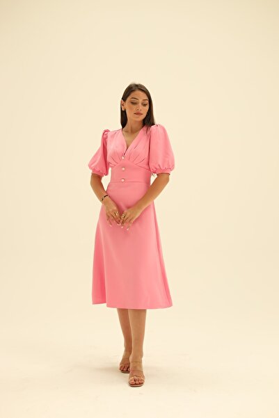 Laluvia فستان وردي بأكمام بالون وأزرار