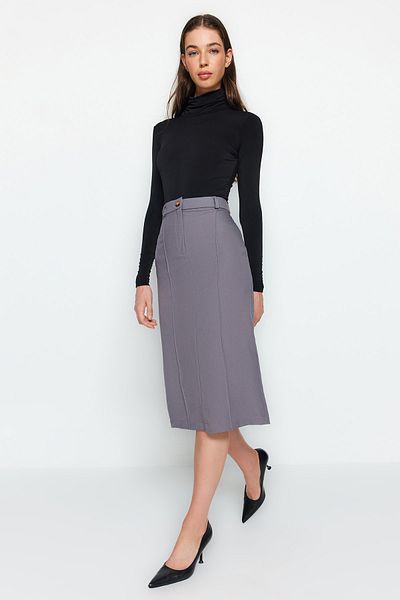Trendyol Collection Šedá podrobná midi tkaná sukně s rovným střihem TWOAW24ET00038
