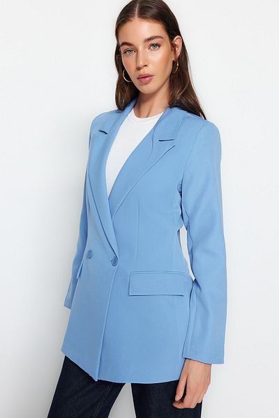 Trendyol Collection Dunkelblaue, normal gefütterte, zweireihige Blazerjacke aus Webstoff TWOSS20CE0059