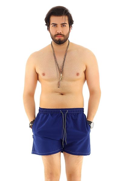 Deafox Marineblaue Herren-Seeshorts mit weißem Streifendetail