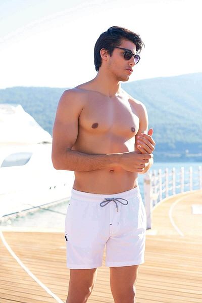 Deafox Weiße Badeshorts für Herren mit Taschen
