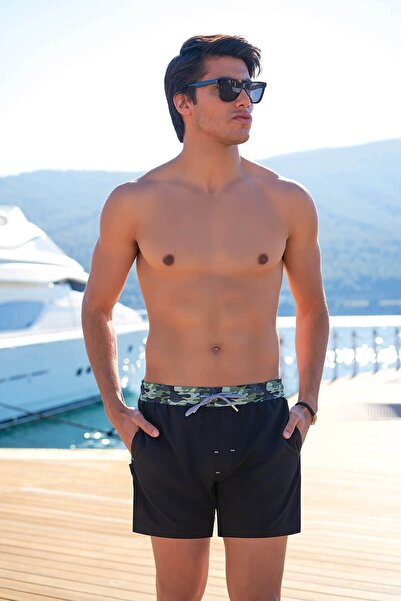 Deafox Navy Blue Elastic Waist Detailed Swim Shorts