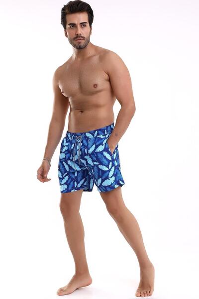 Deafox Navy Blue Leaf Patterned Digital Print Men's Swim Shorts