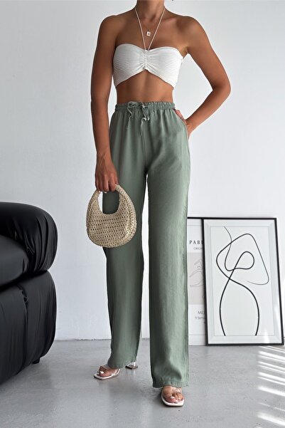 FEMELLE Women's Khaki New Season Double Pocket Drawstring Waist Modal Fabric Wide Leg Trousers