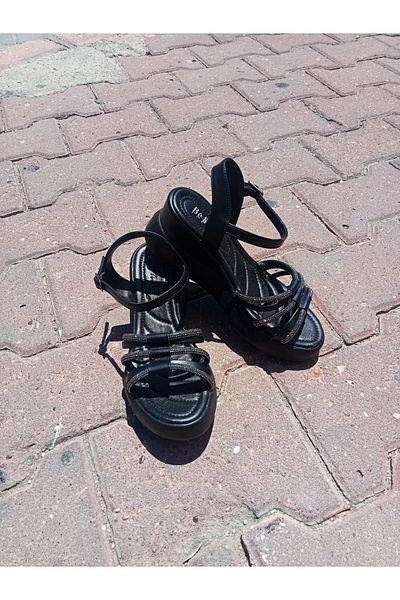VİZYON Vizyon Women's Black New Season Stone Glitter Platform Sole Sandals